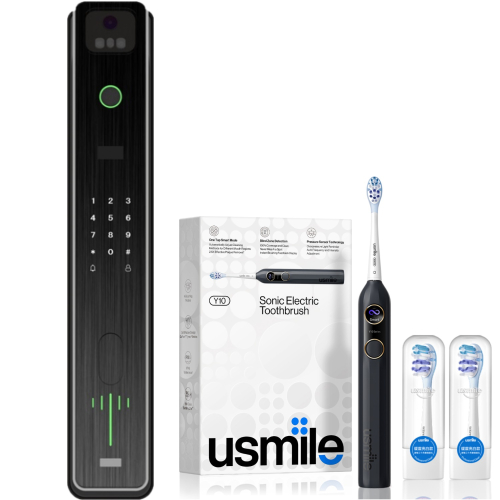 Hyundai - Wifi視頻門鈴智能門鎖 (HY-SLA808) 人面識別 送 USMILE - Y10 聲波震動牙刷 (黑色)