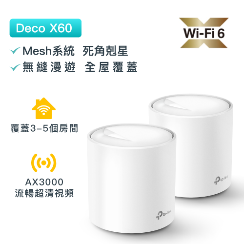 TP-Link - Deco X60 雙頻AX3000 WiF6 路由器Mesh系統（2件裝）全屋覆蓋 無縫漫游 網狀Mesh路由器（支援IPTV）